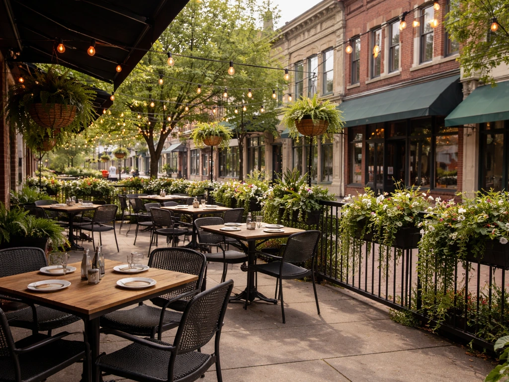 Wide daytime view of a cozy Dayton-style patio with tables, string lights, and local storefront vibes