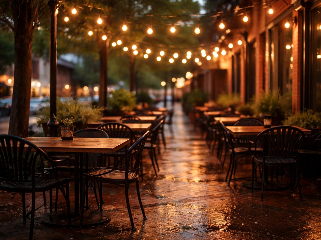 Street-level view of an Oregon District nightlife patio with warm outdoor seating and string lights