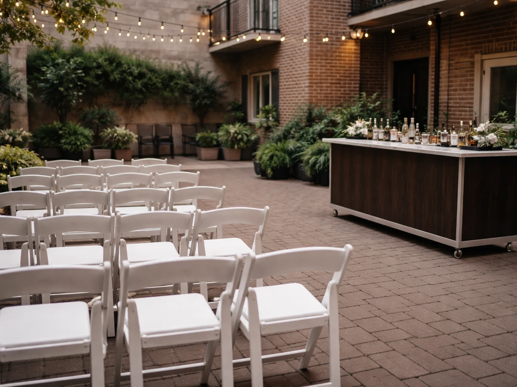 Outdoor courtyard patio at The Steam Plant in downtown Dayton with neatly arranged white chairs and a bar