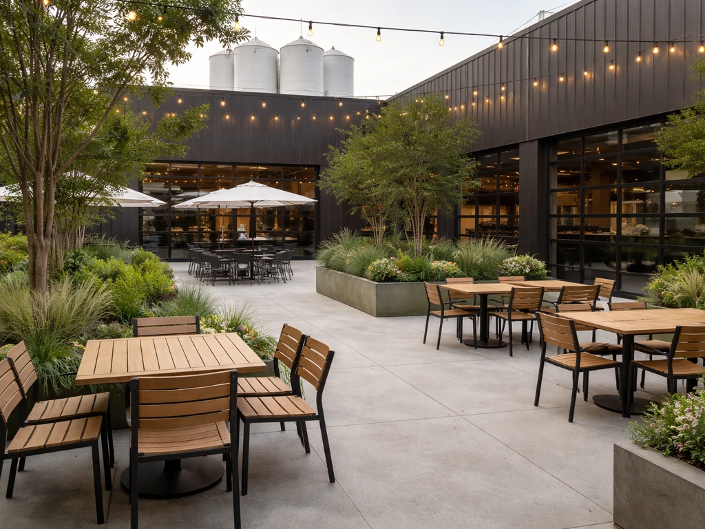 Empty multi-zone patio at The Silos with seating areas, string lights, and planter greenery