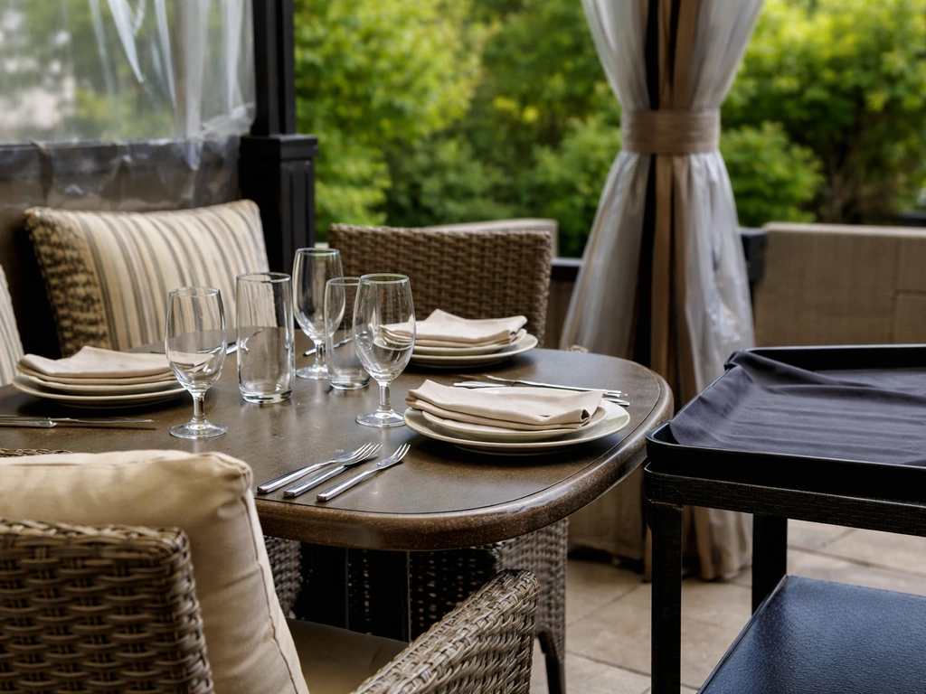 Close-up of an outdoor patio dining table with weather cover details and a server tray nearby.