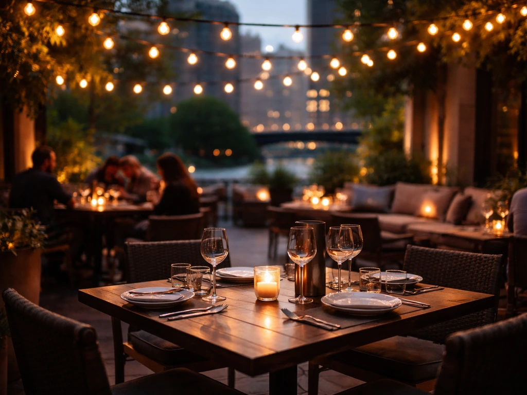 Upscale River North outdoor patio at dusk with warm lights, inviting seating, and a hint of the Chicago River.