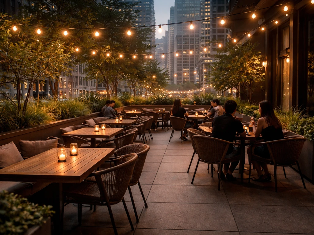 Wide view of a River North patio dining setup with warm string lights and city glow in the background.