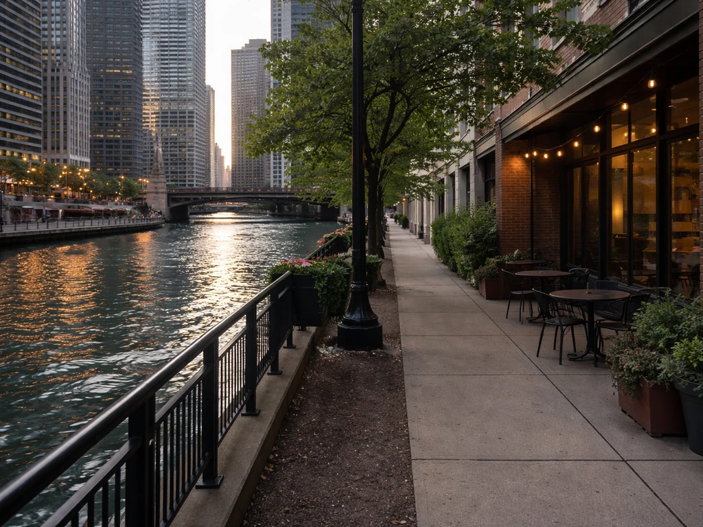 Chicago River walkway in warm light contrasted with a quieter inland block and empty patio setting.