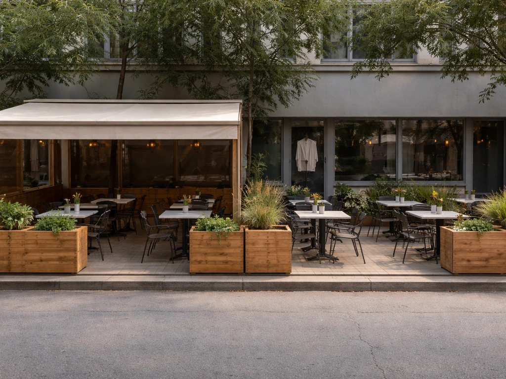Toronto patio split view: covered side with retractable canopy beside an uncovered open-air patio.
