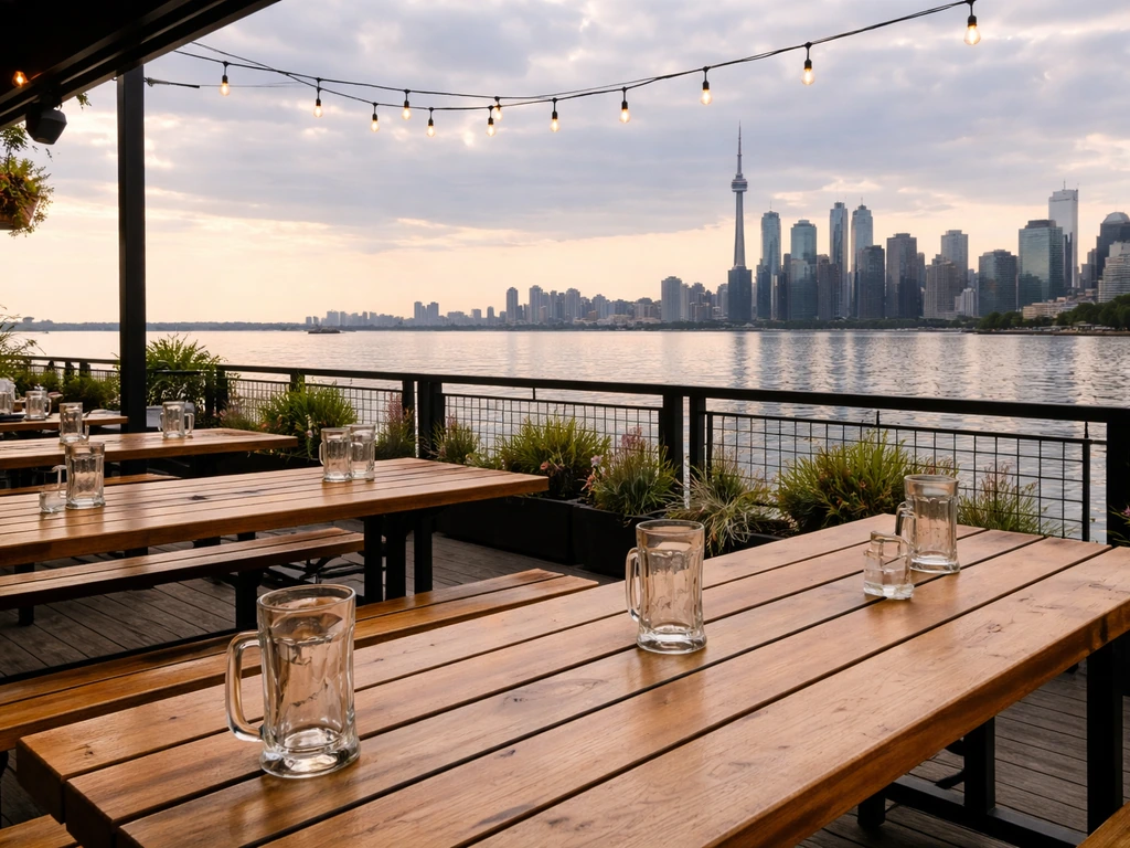 Amsterdam Brewhouse-style waterfront patio with tables and lake view in Toronto