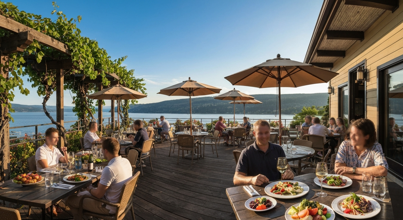 Sunlit vineyard terrace overlooking Okanagan Lake with diners enjoying food and wine.