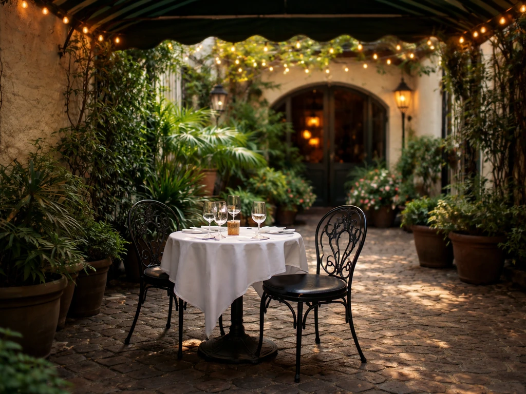 Romantic shaded courtyard patio at a New Orleans French Quarter restaurant with wrought-iron chairs and warm lighting.