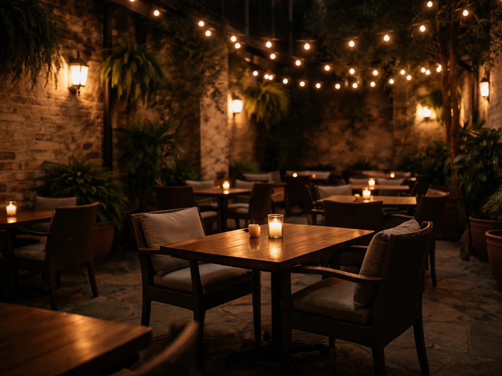 Polished French Quarter courtyard patio with comfortable seating under warm string lights