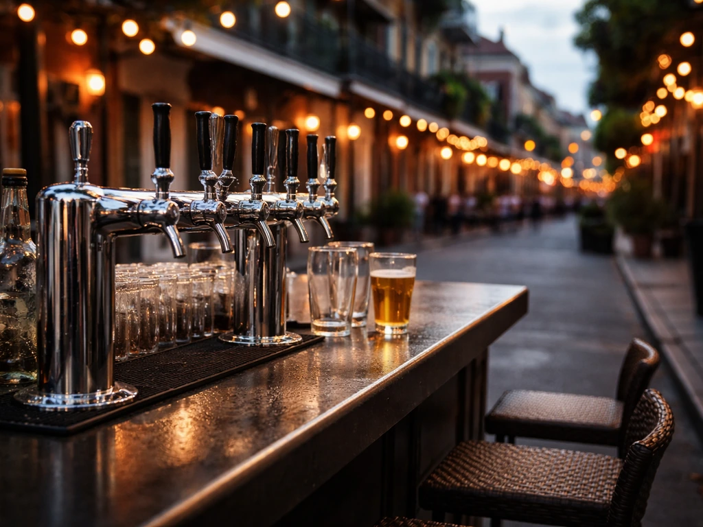Lively outdoor patio bar in New Orleans with beer taps and empty stools