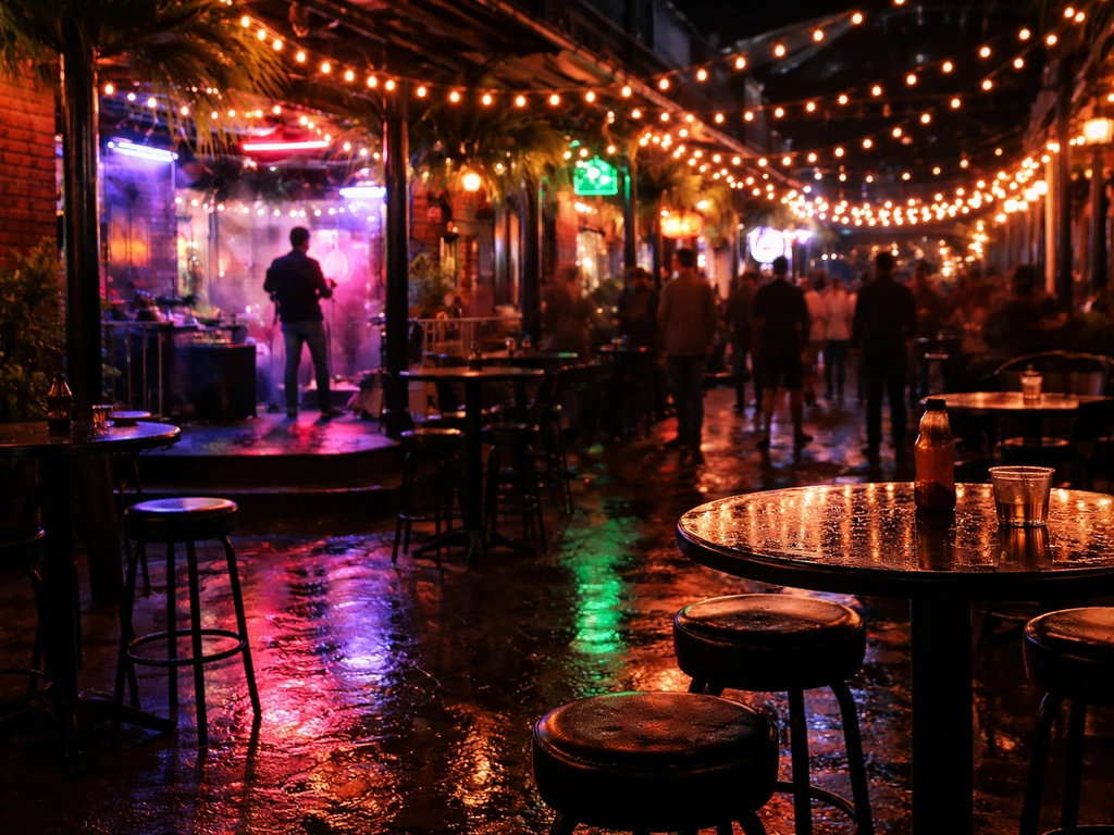 Night view of a lively Bourbon Street bar patio in New Orleans with warm lights and distant live music