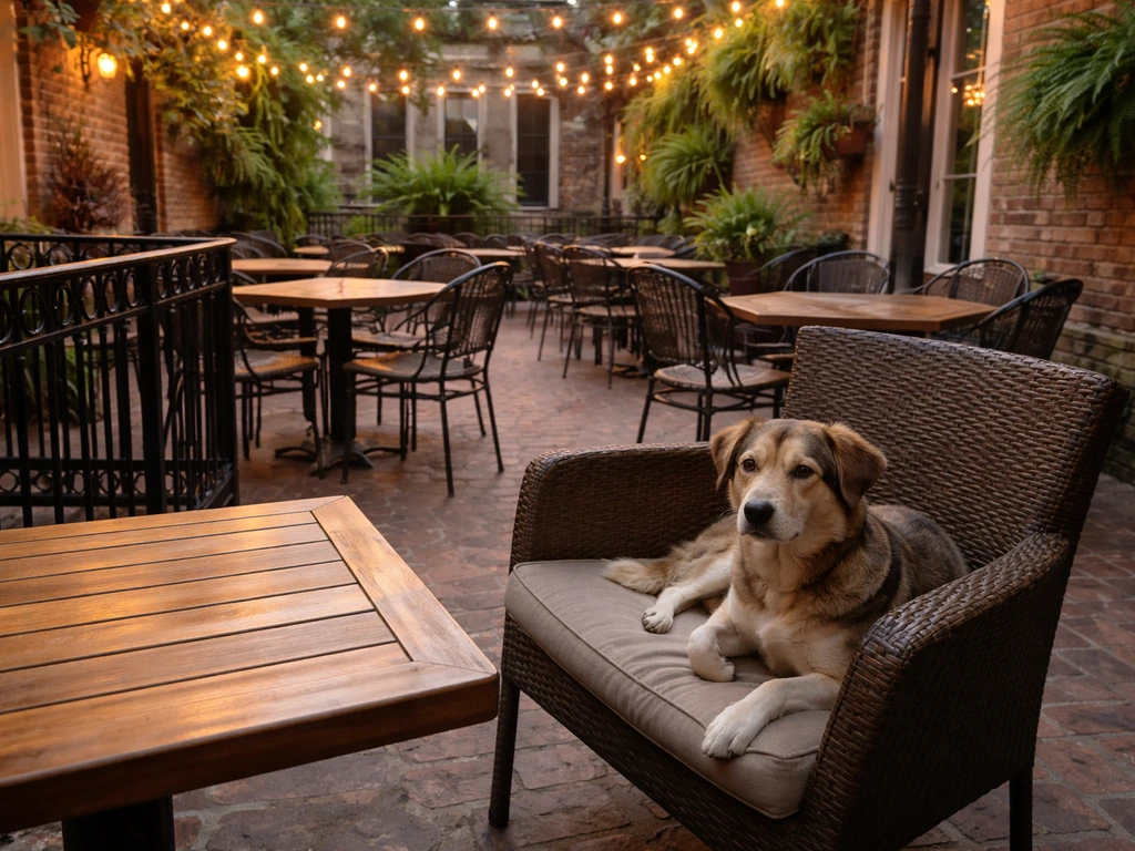 Dog resting on a chair at a New Orleans courtyard brewery patio with outdoor seating in view.