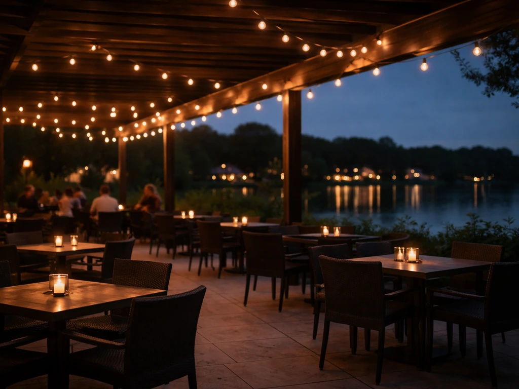 Warm nighttime view of a lakeside Edina patio with covered dining tables and glowing lights