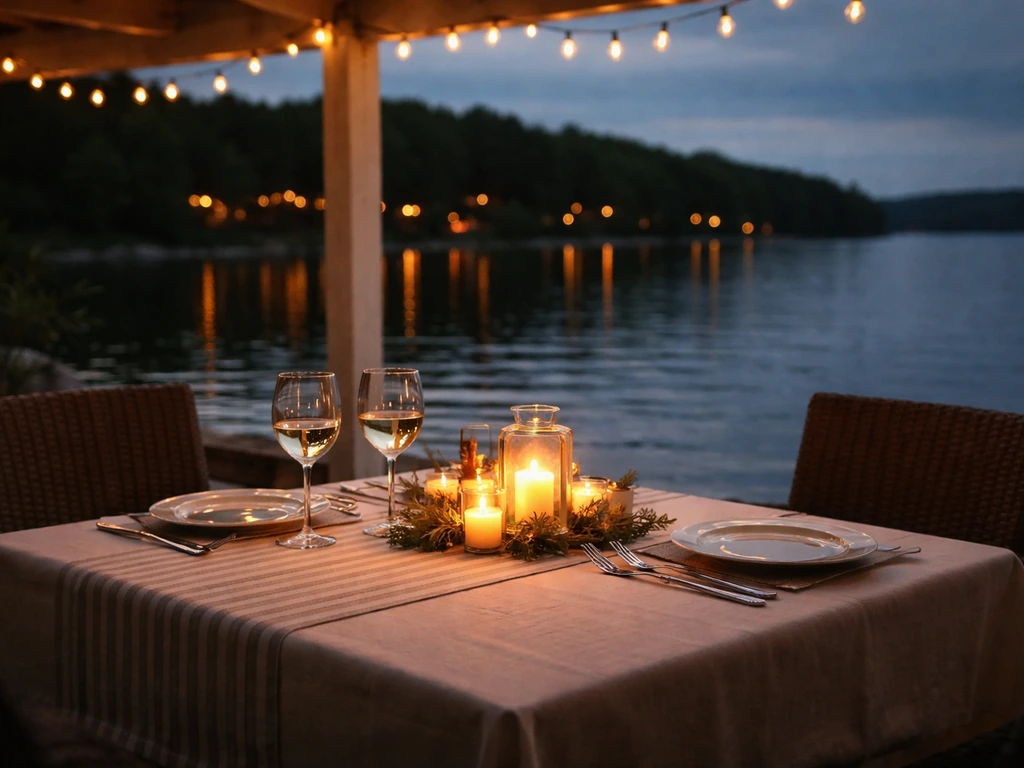 Romantic covered patio date-night dinner by the water with warm string lights and pinstripe table setting