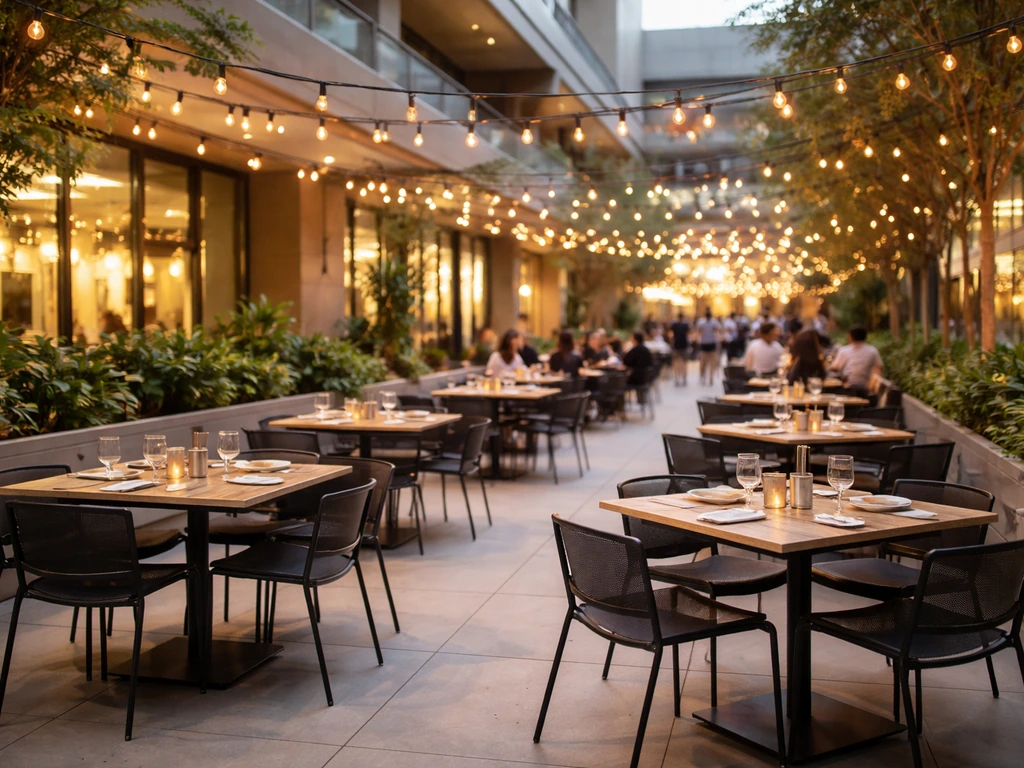 Spacious outdoor patio dining area with open seating and greenery, casual group vibe at a shopping-galleria setting.