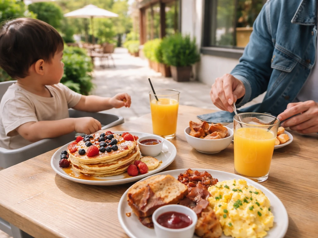 Family at a sunny patio table enjoying brunch—pancakes and eggs with a kids-friendly seating setup.