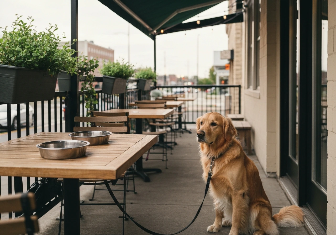 Golden retriever on a leash beside patio table and water bowls at a cozy dog-friendly outdoor patio.