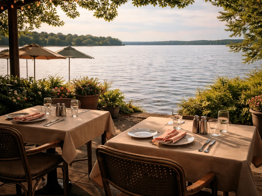 Minimal lakeside patio with set tables and a calm lake horizon in the background.