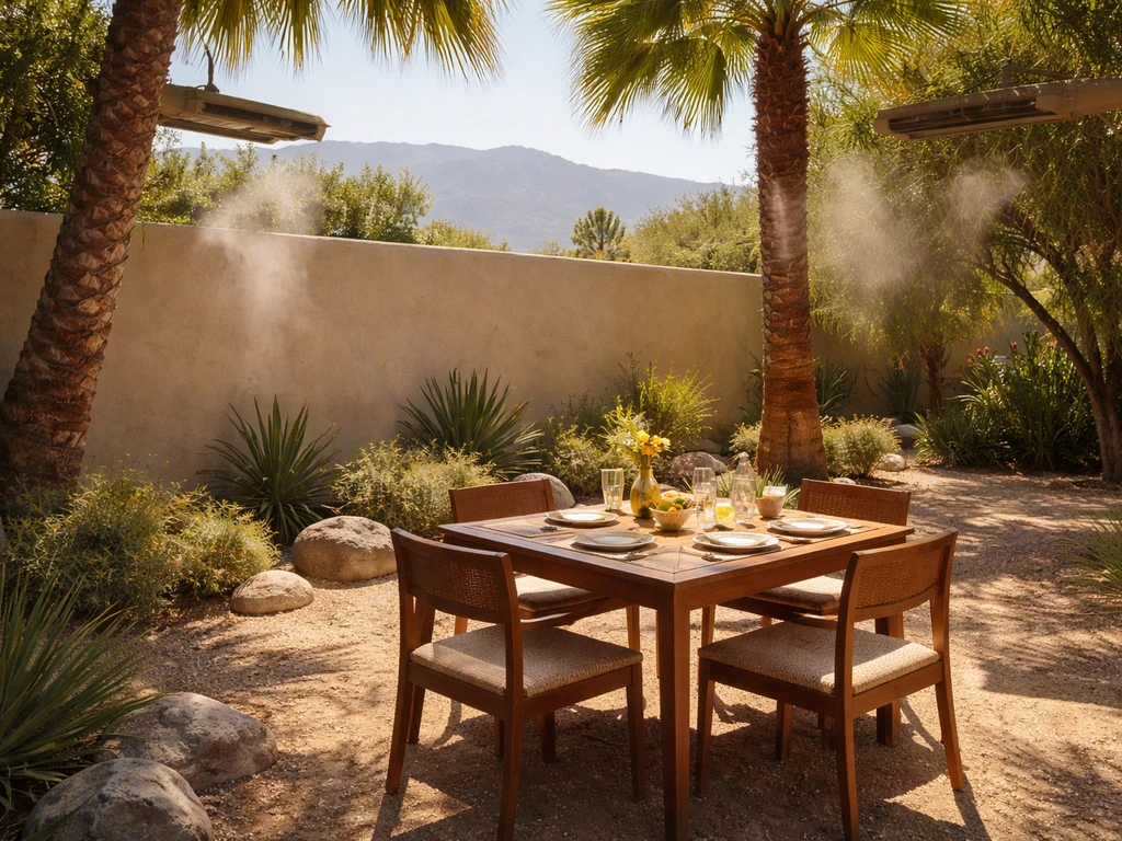 Sunlit Palm Springs patio with desert landscaping, palm shade, misting/heater fixtures, and mountain views.