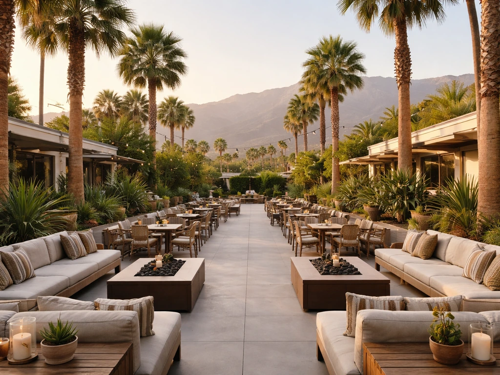 Spacious Palm Springs patio framed by palms with mountain views in the Uptown Design District.
