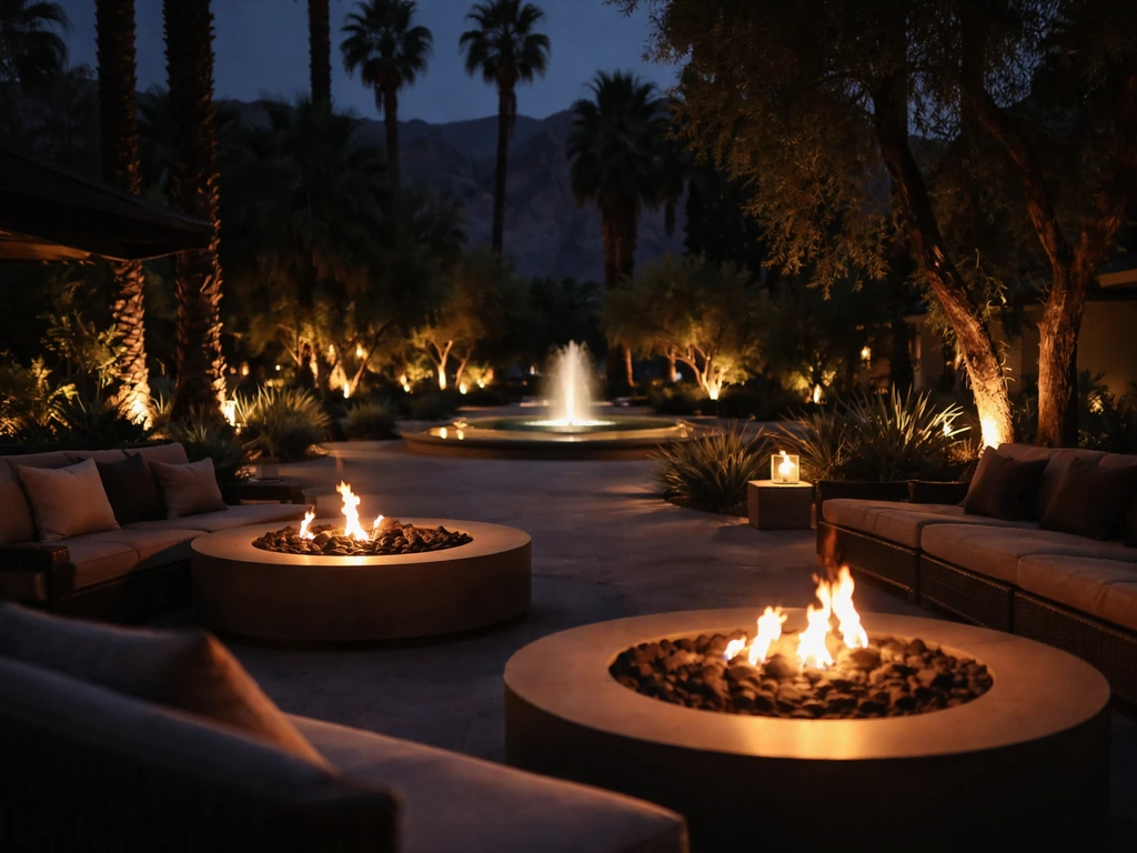 Nighttime view of a Palm Springs patio with warm fire pits and a quiet fountain under trees