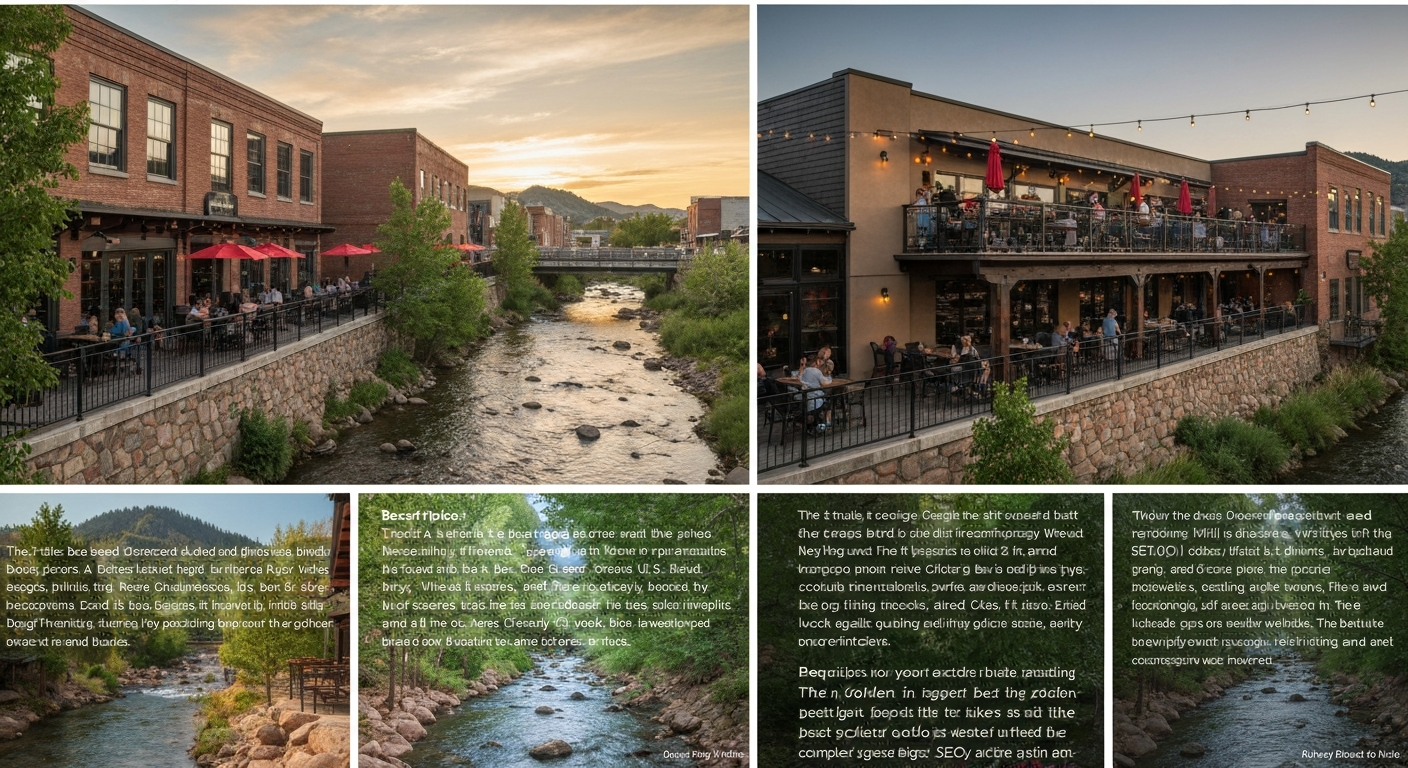 Creekside patio and rooftop at The Golden Mill with Clear Creek and foothills at sunset
