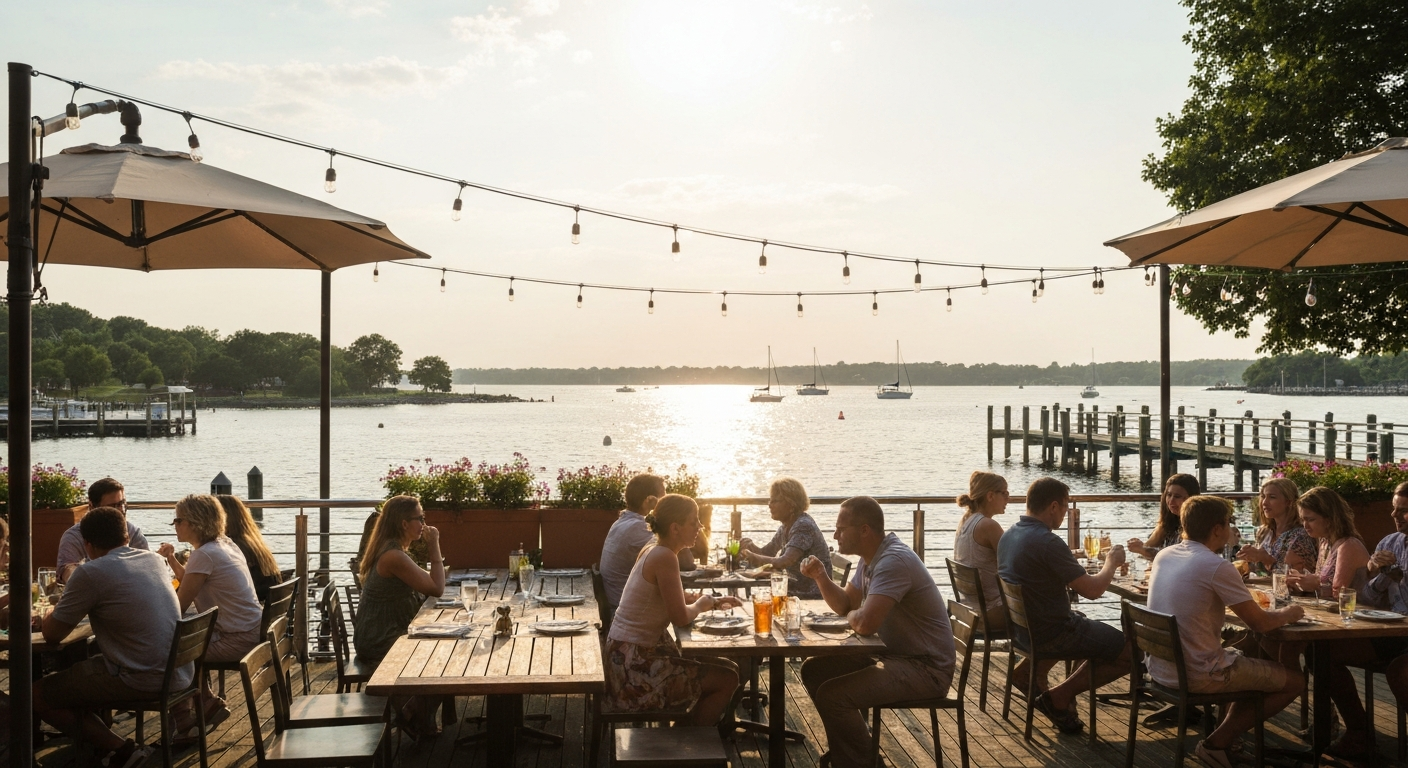 Wide view of a busy waterfront patio at sunset with people at tables, string lights, umbrellas, and boats on the water in the background.