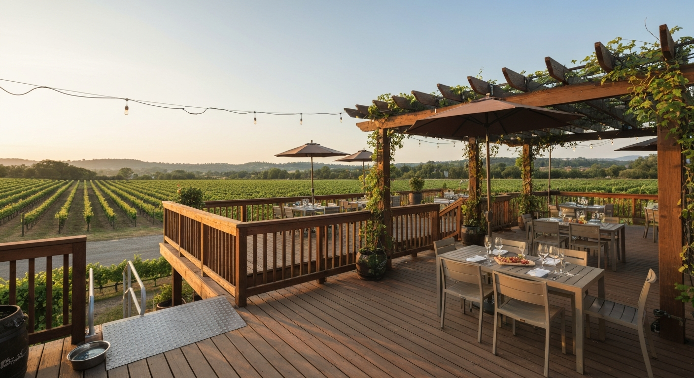 Winery patio at golden hour: elevated wooden deck overlooking vineyard with pergola shade, tables with wine and charcuterie, accessible ramp, and a leashed dog.