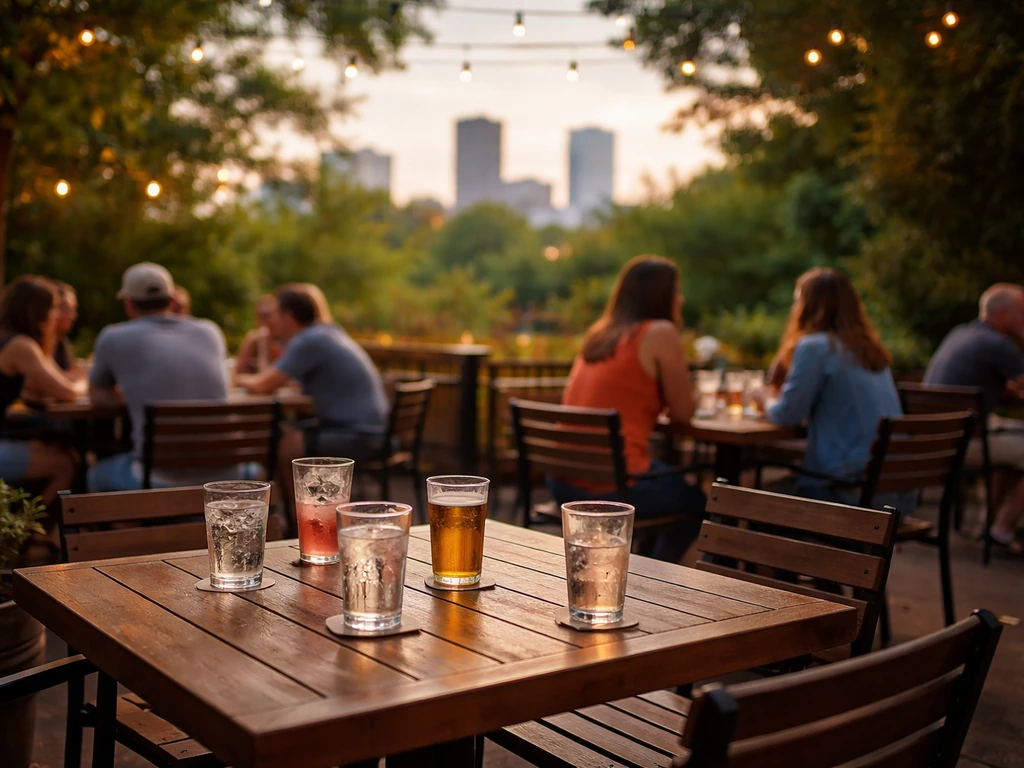 Relaxed outdoor patio with seated diners and drinks, city backdrop, warm evening light in Little Rock.