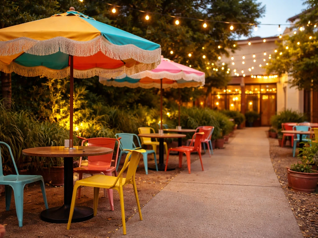 Colorful Camp Taco outdoor patio with warm evening light, casual tables, and umbrellas
