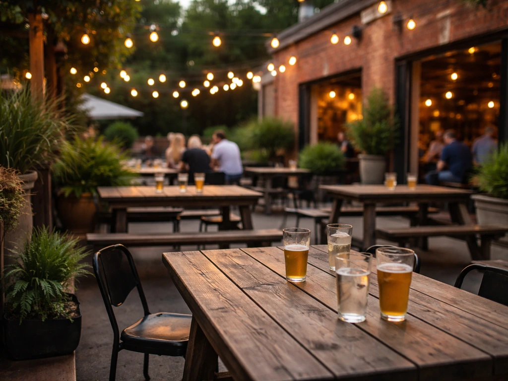 Outdoor brewery patio in Little Rock with patrons seated at tables, warm evening ambiance