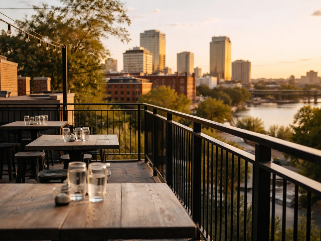 Rooftop patio view over Little Rock’s River Market District with warm evening lighting and city skyline.