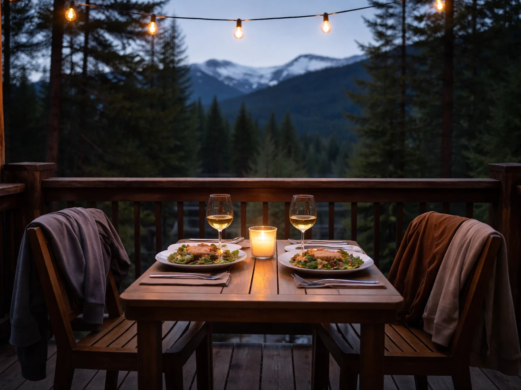 Cozy dusk patio table for two with warm string lights and mountain views in Breckenridge
