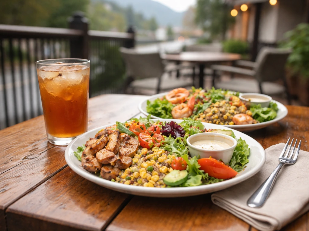 Seasonal lunch plates and a drink on a small outdoor patio table in morning light