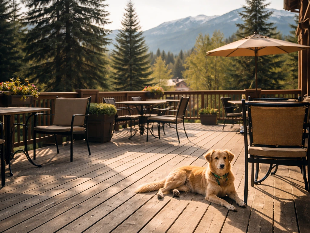 Relaxed dog lying on a wooden outdoor patio with spaced chairs and mountain views in the background.