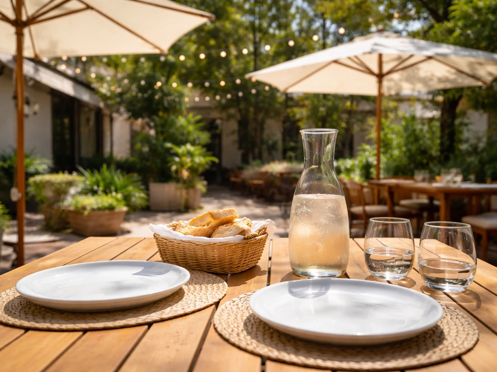 Sunlit outdoor patio table set for a casual daytime lunch, with umbrellas and greenery in the background.