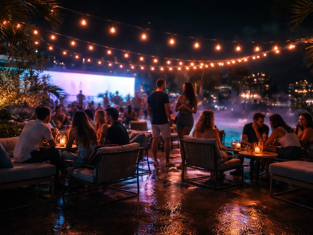 Night rooftop poolside patio with warm lights, neon glow, and anonymous guests creating a lively party vibe.