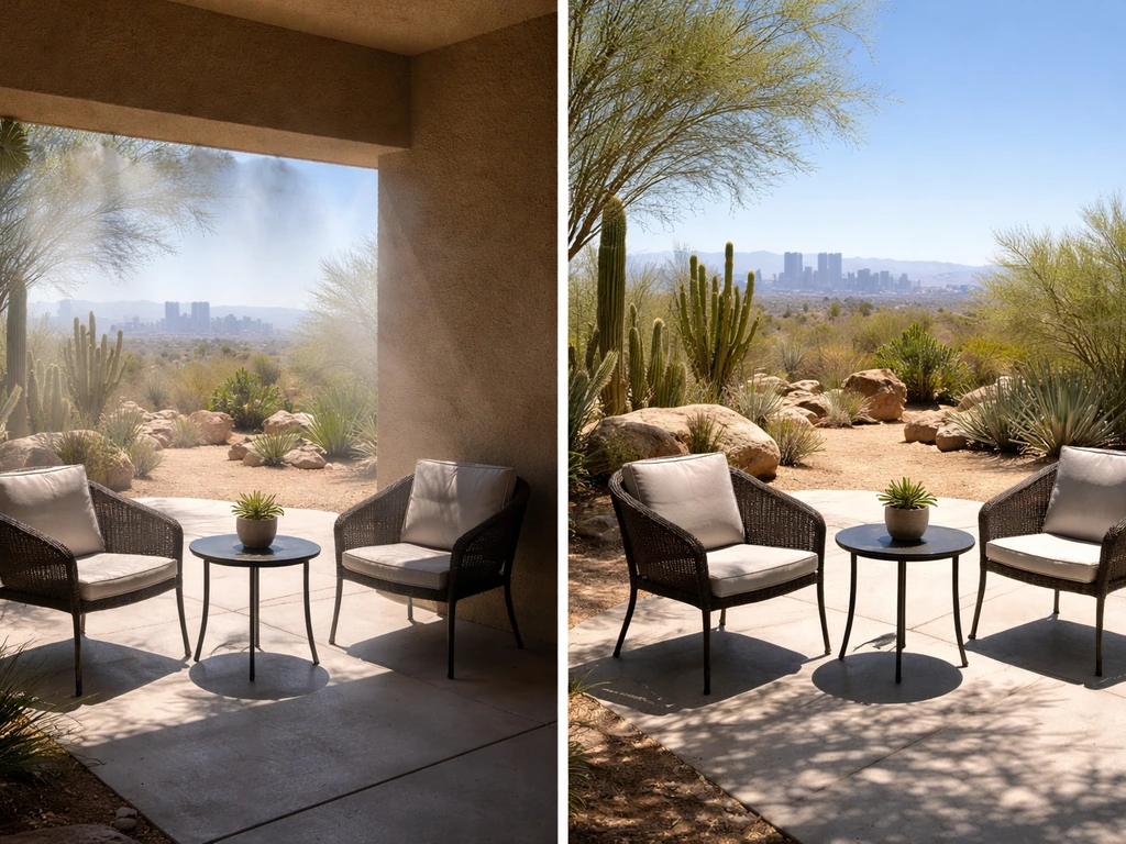 Split patio scene showing shaded misting/heaters side versus exposed sun with harsher shadows
