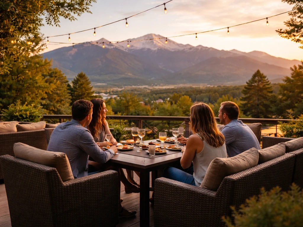 Outdoor patio dining in Colorado Springs with drinks and visible mountain views including Pikes Peak.