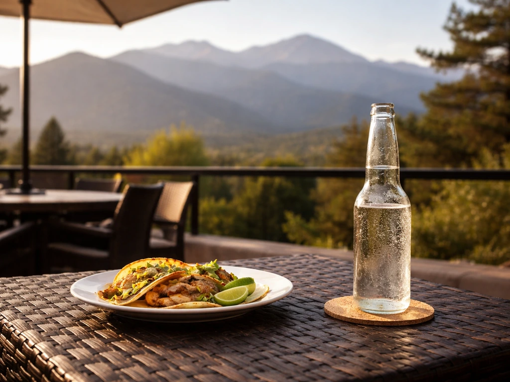 Outdoor patio table with a cold drink and plated food, mountains in the background for Colorado Springs vibe.