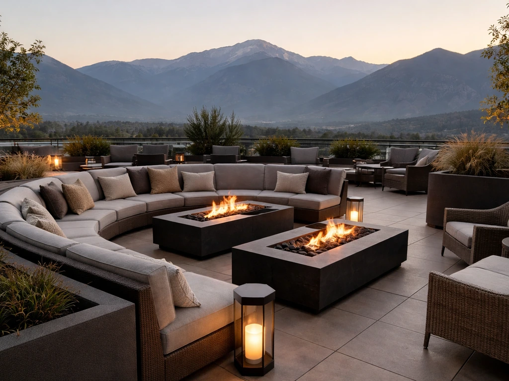 LUMEN8 rooftop patio in Colorado Springs with firepits and distant mountain peak views.