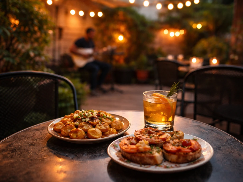 Cozy Latin-inspired tapas bar patio at dusk with glowing lights, plates, and a cocktail on a small table.