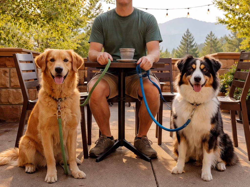 Leashed, well-behaved dogs sitting with an adult at a Colorado Springs outdoor patio, dog-friendly vibe.