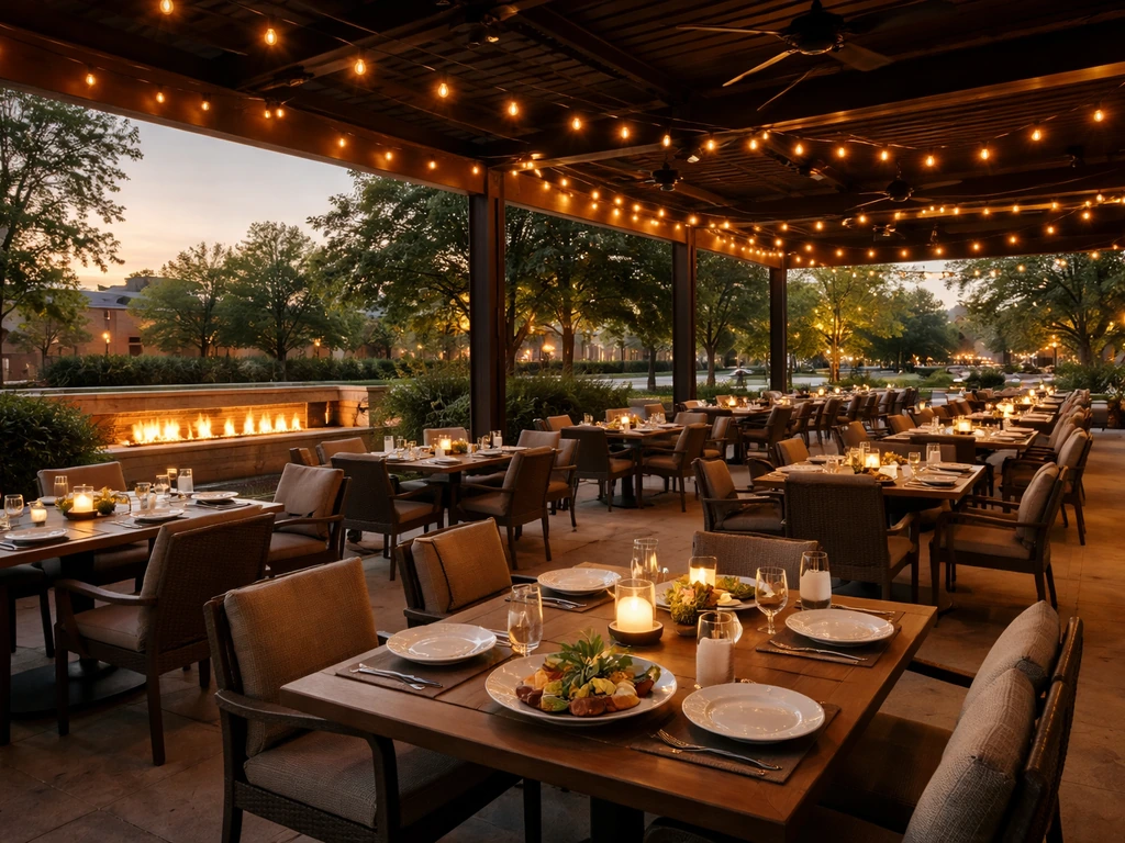 Warm covered patio dining scene with string lights and set tables in Richardson, Texas at dusk.