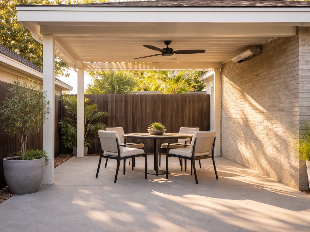 Covered Richardson patio with shaded dining area, ceiling fan, and outdoor mister/heater for hot Texas days.
