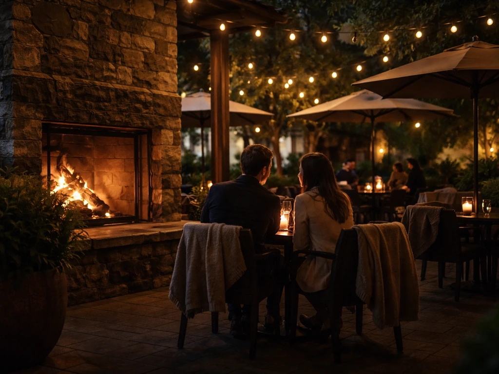 Couple seated at a shaded patio table beside a glowing fireside fireplace at a restaurant.