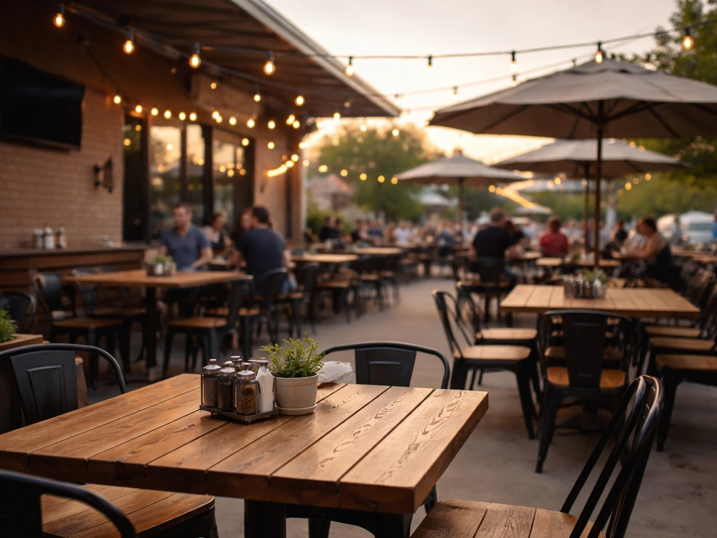 Laid-back outdoor patio at Four Bullets Brewery in Richardson, Texas with wide seating and casual atmosphere.