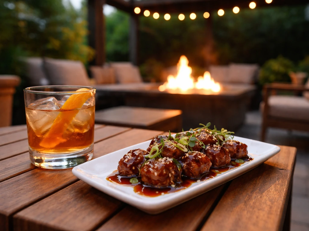Close-up of plated small bites and cocktail on a covered patio table at dusk