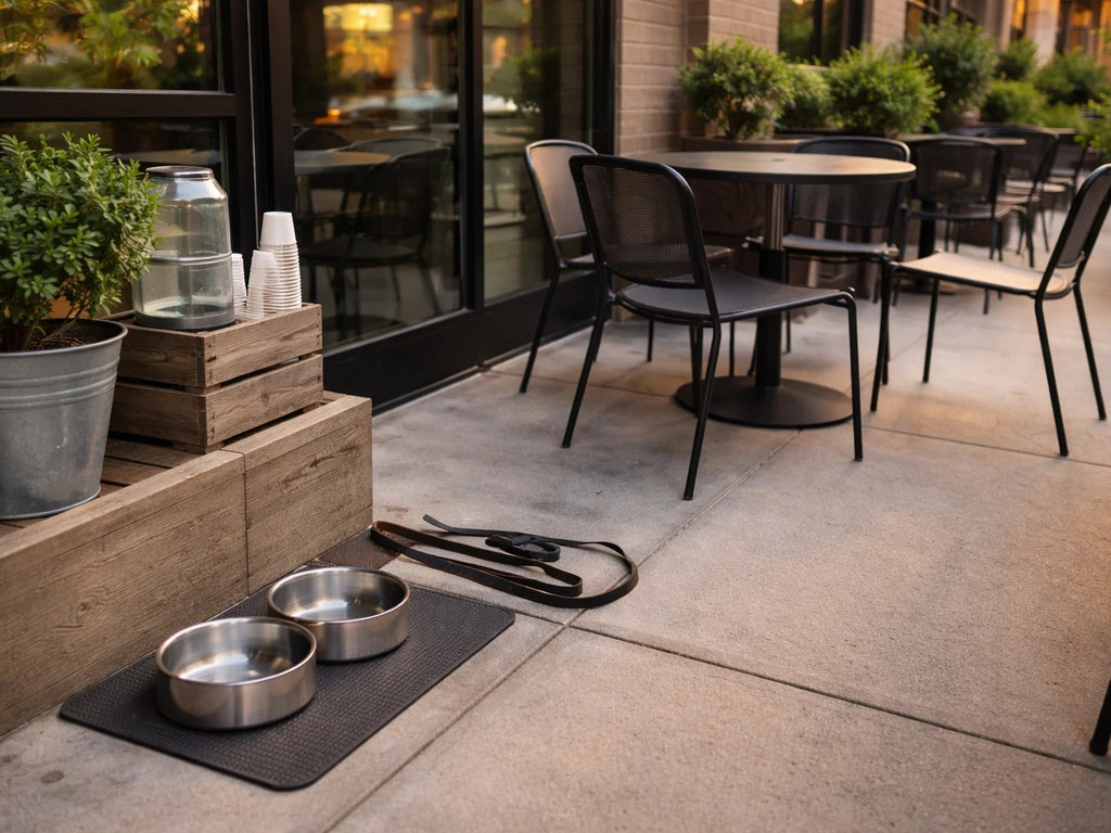 Minimal view of a North Loop food hall patio with dog bowls and leashes beside outdoor seating.