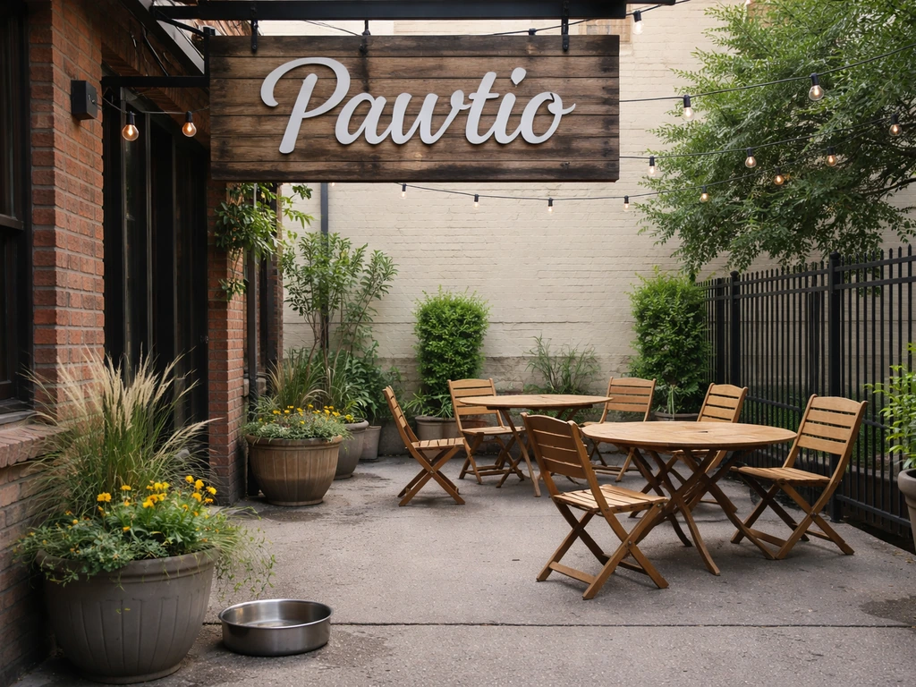 Outdoor patio labeled “Pawtio” with dog water bowl and cozy seating in a Northeast Minneapolis bar area.